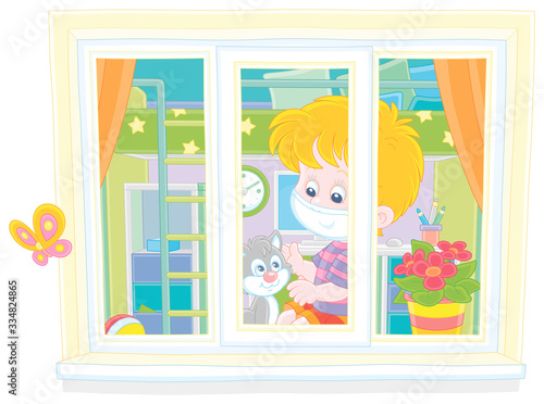 Quarantine at home, a cheerful little boy wearing a protective mask, playing with a cute small kitten on a windowsill in his nursery room, vector cartoon illustration