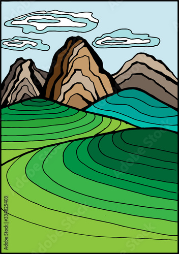 Great mountain coffee and rice fields vector hand drawn