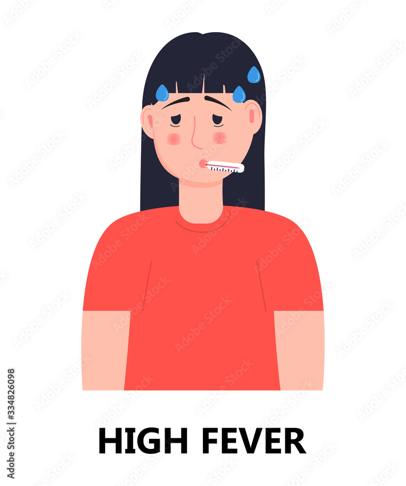 High fever of girl icon vector. Flu, cold, coronavirus symptom is shown. Woman is feverish and taking thermometer. Infected person illustration. Respiratory disease