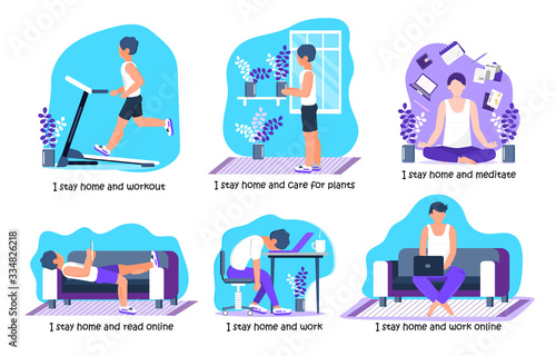 Coronavirus prevention concept vector. Man does different activities and ask to everybody stays at home. Social campaign and support people in self-isolation.