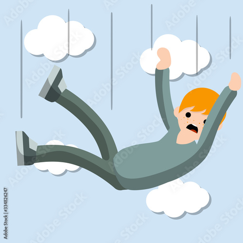 Drop young guy. Cartoon flat illustration. Falling man. horror and fear of heights - phobia Acrophobia. Flight among clouds