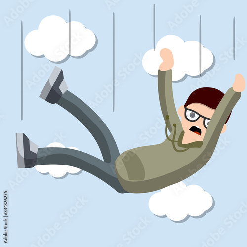 Drop young guy. Cartoon flat illustration. Falling man. horror and fear of heights - phobia Acrophobia. Flight among clouds