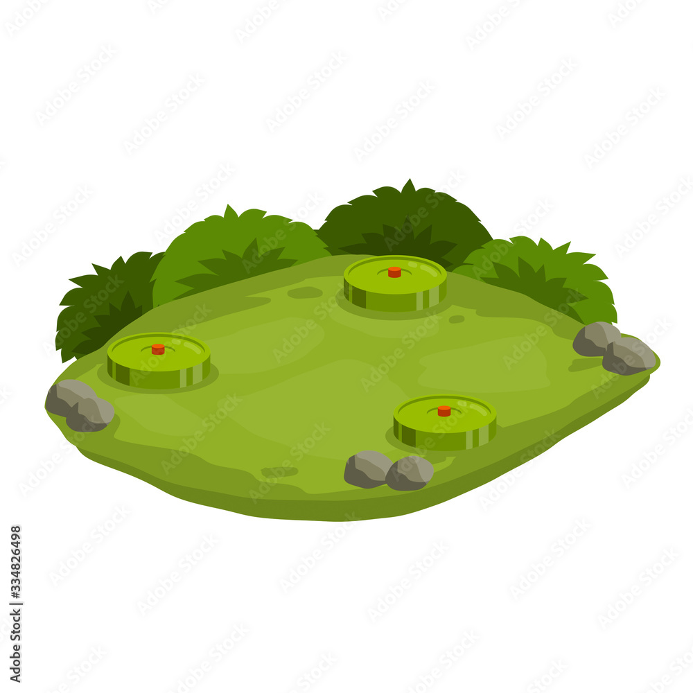 Obraz premium Minefield. Set of mines on ground. Rocks and grass. Modern warfare landscape. Explosive element of war. Cartoon flat illustration. Green lawn with bombs