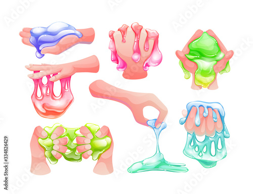 Funny colorful cartoon homemade slime holding in the hand. Goo blob splashes, sticky dripping mucus, slimy drops. Glossy goo lilac, pink, green and blue slime blots. Vector illustration isolated.