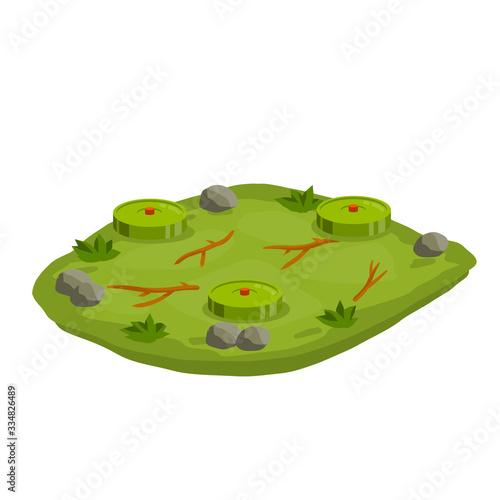 Minefield. Set of mines on ground. Rocks and grass. Modern warfare landscape. Explosive element of war. Cartoon flat illustration. Green lawn with bombs