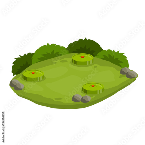 Minefield. Set of mines on ground. Rocks and grass. Modern warfare landscape. Explosive element of war. Cartoon flat illustration. Green lawn with bombs