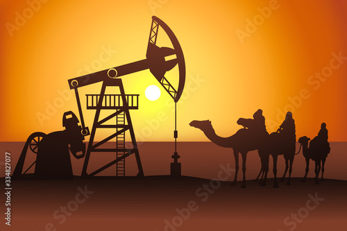 Petroleum pumpjack and camel riders vector illustration. Oil well.