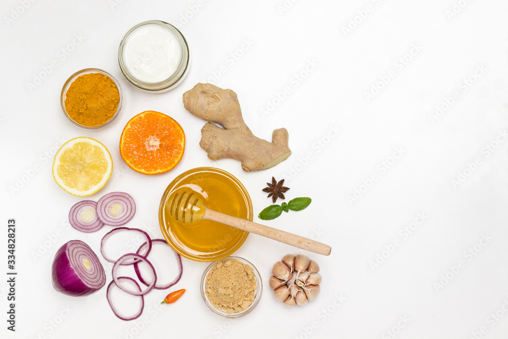 Set of products of citrus, ginger, honey, garlic, onions yogurt for natural protection against the virus. Set of products of citrus, ginger, honey, garlic, onions yogurt for natural protection against the virus.