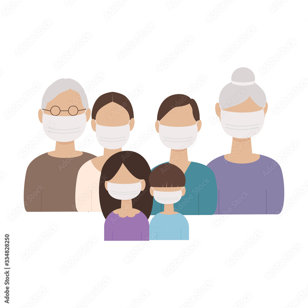 Family in medical masks vector illustration isolated on white background. Flat style. Parents, children, grandparents in medical masks. Safe communication during the coronavirus period. Family in medical masks vector illustration isolated on white background. Flat style. Parents, children, grandparents in medical masks. Safe communication during the coronavirus period.
