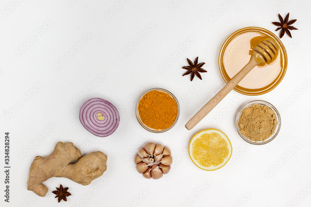Food for immunity boosting and viruses protection. Citrus, ginger, honey, garlic, onions. Food for immunity boosting and viruses protection. Citrus, ginger, honey, garlic, onions.