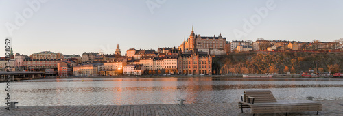 View at sunrise over the district Södermalm with old houses and the elevator house Maria hissen