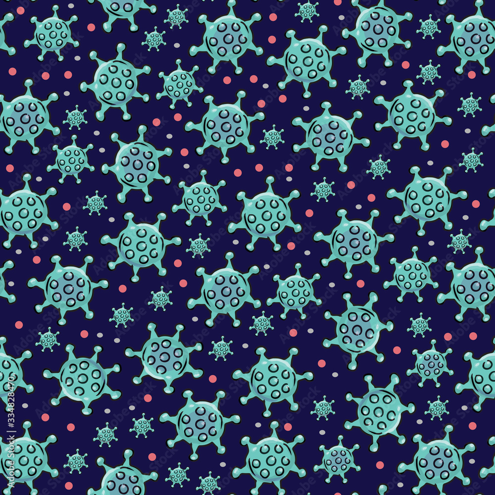 Coronavirus seamless pattern, virus on a black background, Covid-19, novel coronavirus, 2019-nCoV, bacteria backdrop