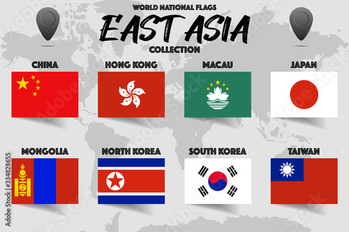 Set of realistic official world national flags, waving edition. isolated on map background. Objects, icons and symbol for logo, design. Asian Collection. China, Hong Kong, Macau, Japan