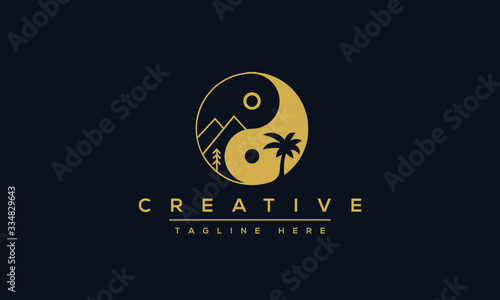 Ying Yang symbol vector illustration. Nature mountains tree sun logo type.