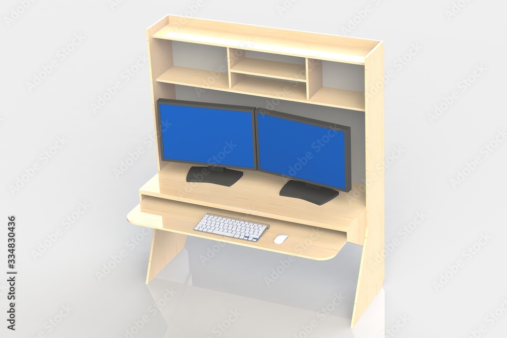 Computer table. 3D render of the workplace for the designer and constructor. Computer table. 3D render of the workplace for the designer and constructor.