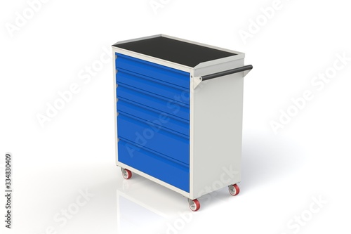 Wallpaper Mural Metal tool cabinet on wheels with drawers. A convenient place for storing tools and spare parts. Metal furniture.  3D-model rendering of the table for shooting from above. Torontodigital.ca