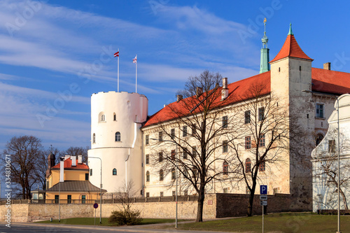 The Riga Castle in spring sunny day with blue sky, important part of the historical and cultural heritage of Latvia