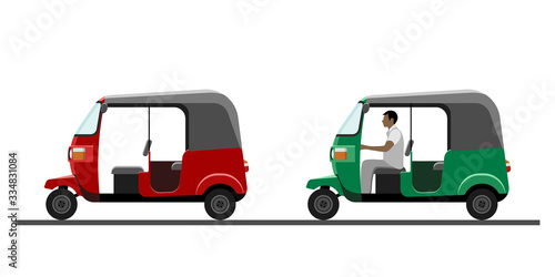Side view of auto rickshaw vehicle with and without driver isolated on white background. Tuk-tuk icon. Vector illustration