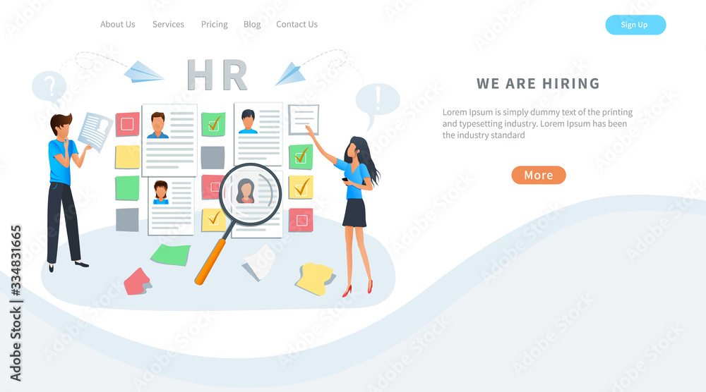 Vector concept of human resources, online recruitment and hiring. Employment agency. Recruiters and managers select a resume for a job interview. Business recruiting, recruitment management