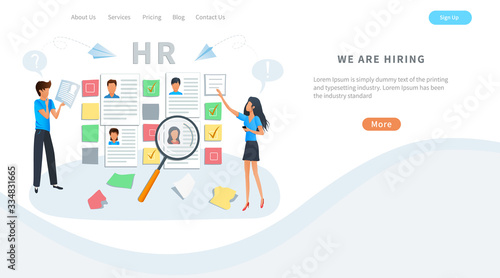 Vector concept of human resources, online recruitment and hiring. Employment agency. Recruiters and managers select a resume for a job interview. Business recruiting, recruitment management
