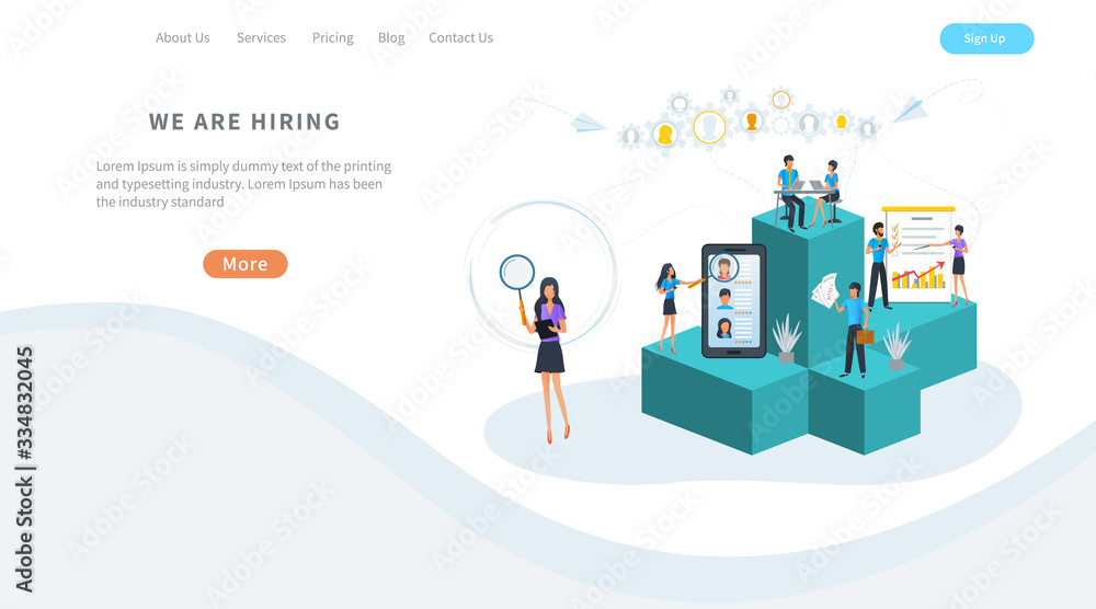Vector illustration, human resources management, online recruitment and headhunting agency. Employment service. HR manager seeking professional employee for office job hiring. Employees hiring.
