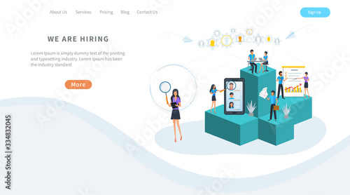 Vector illustration, human resources management, online recruitment and headhunting agency. Employment service. HR manager seeking professional employee for office job hiring. Employees hiring.