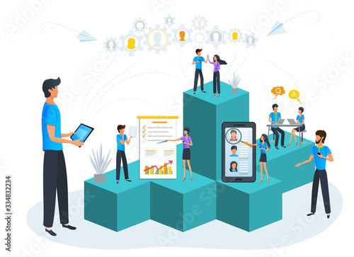 Vector illustration, business team building and leadership, human resource management. Job interview, recruitment process. Career development and planning. Online recruitment agency. Startup business
