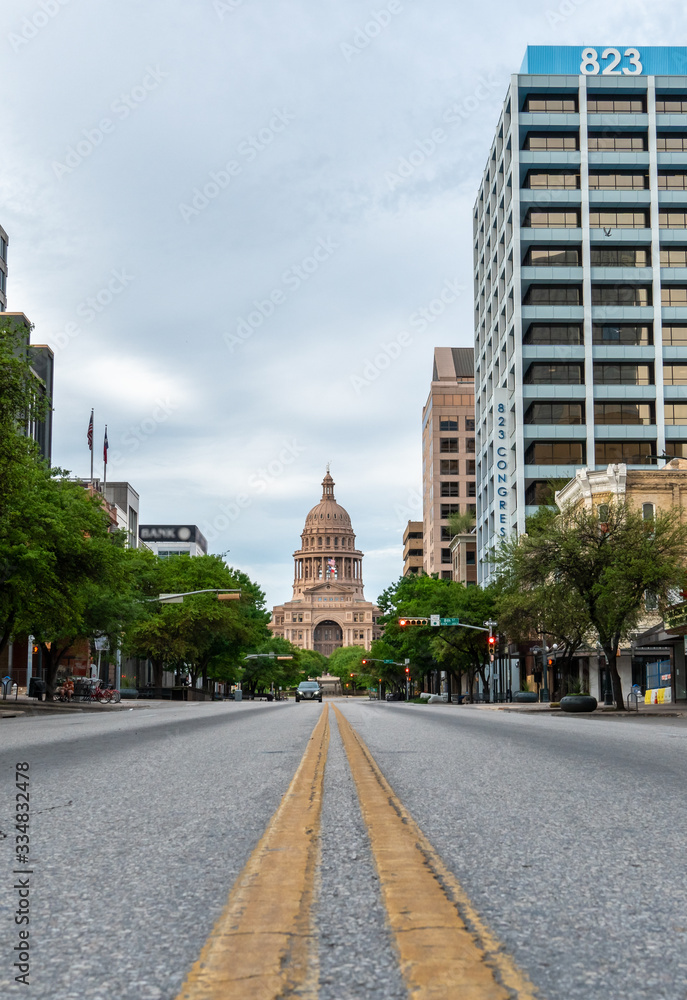 View of the Texas Capitol At the End of a Mostly Empty Congress Ave