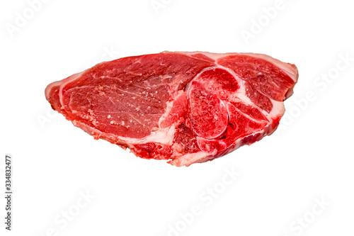 A leg of lamb cut into steaks lies on a white background. Isolated.
