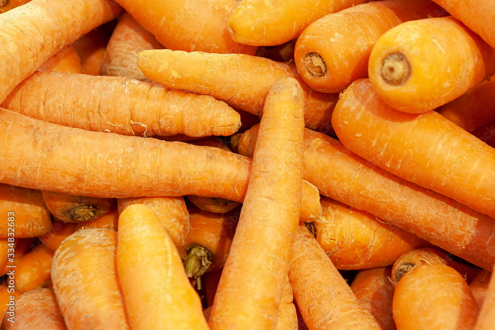 A fresh washed carrot is laid out in a display case. A fresh washed carrot is laid out in a display case.