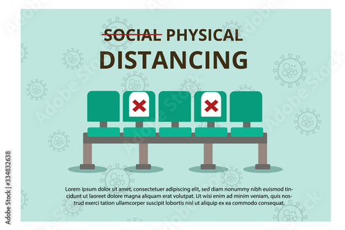 Physical Distancing Banner, Explain Physical Distancing to Avoid the Covid 19 Disease, Chairs with Virus in Background