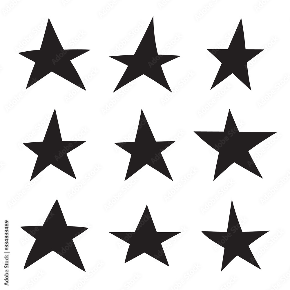 Set of black hand drawn star. Vector collection of uneven stars. Set of black hand drawn star. Vector collection of uneven stars.