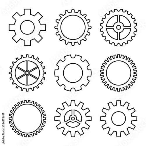 Set of vector outline icons of gear wheel, cogwheel mechanism.
