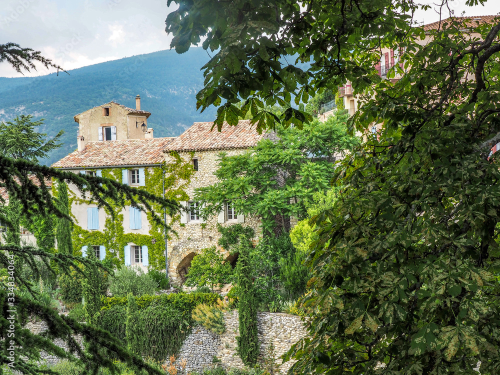 French country homes in Provence with blue shutters and ivy growing on walls.