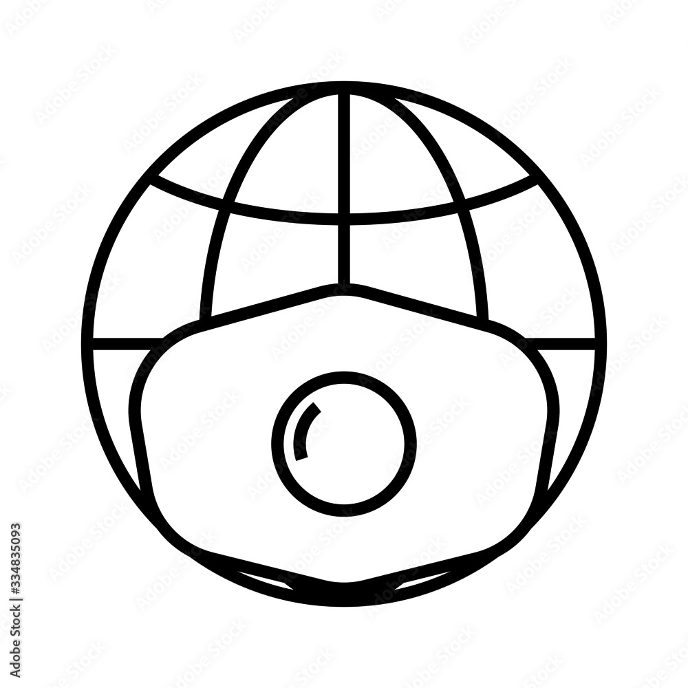 Line icon of globe in respirator or face mask with valve. Protection of planet from COVID-19 coronavirus infection or other biological or environmental danger. Vector Illustration Line icon of globe in respirator or face mask with valve. Protection of planet from COVID-19 coronavirus infection or other biological or environmental danger. Vector Illustration