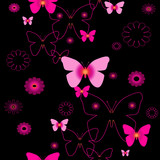 Pink butterfly,  flowers, for pattern seamless, holiday, wallpaper, textil, black background. Set insect