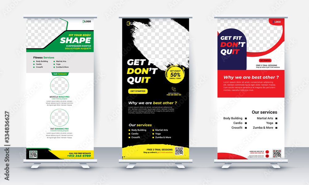 Naklejka fitness/gym roll up banner design, standee and banner template decoration for exhibition, printing, presentation and brochure flyer concept vector illustration