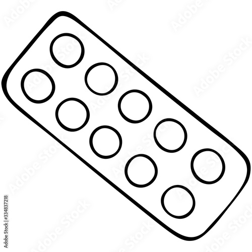 Blister with pills. Vector illustration. The drug is sold without a prescription. Medicinal form for the treatment of the disease. Outline on an isolated background. Doodle style. Medical subject. 