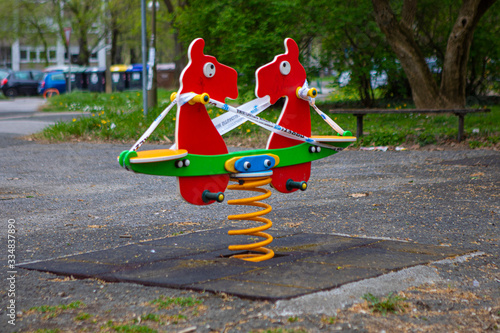 Zagreb, Croatia – March 2020. Playgrounds closed, banned from playing during the Covid-19 pandemic virus, corona virus