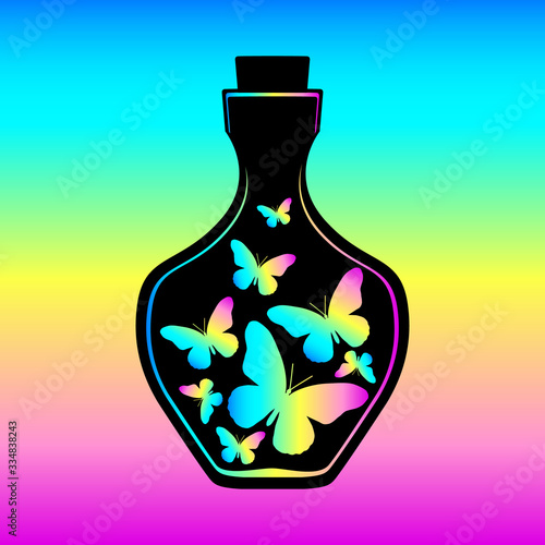 Bottle icon with colorful butterflies, moths on a colored background. Magic elixir of love, perfumery. Vector illustration