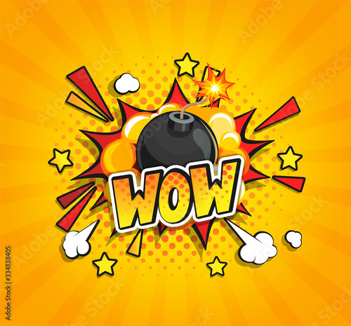 Wow, Big Bomb explosion in clouds on sunburst background. Comic text speech bubble. Template design for labels, advertise in pop art cartoon style. Vector illustration.