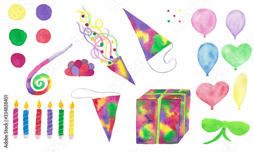 Birthday clip art watercolor banner, balloons, confetti,  birthday candles, postcard, invitation card © Raisa