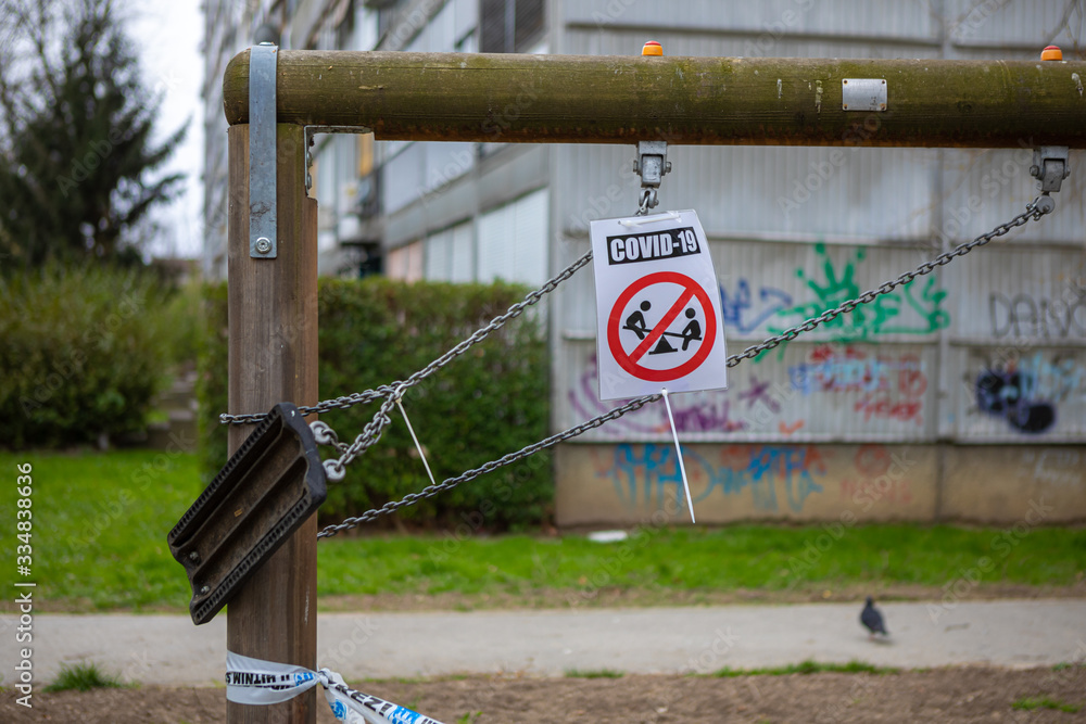 Zagreb, Croatia – March 2020. Playgrounds closed, banned from playing during the Covid-19 pandemic virus, corona virus