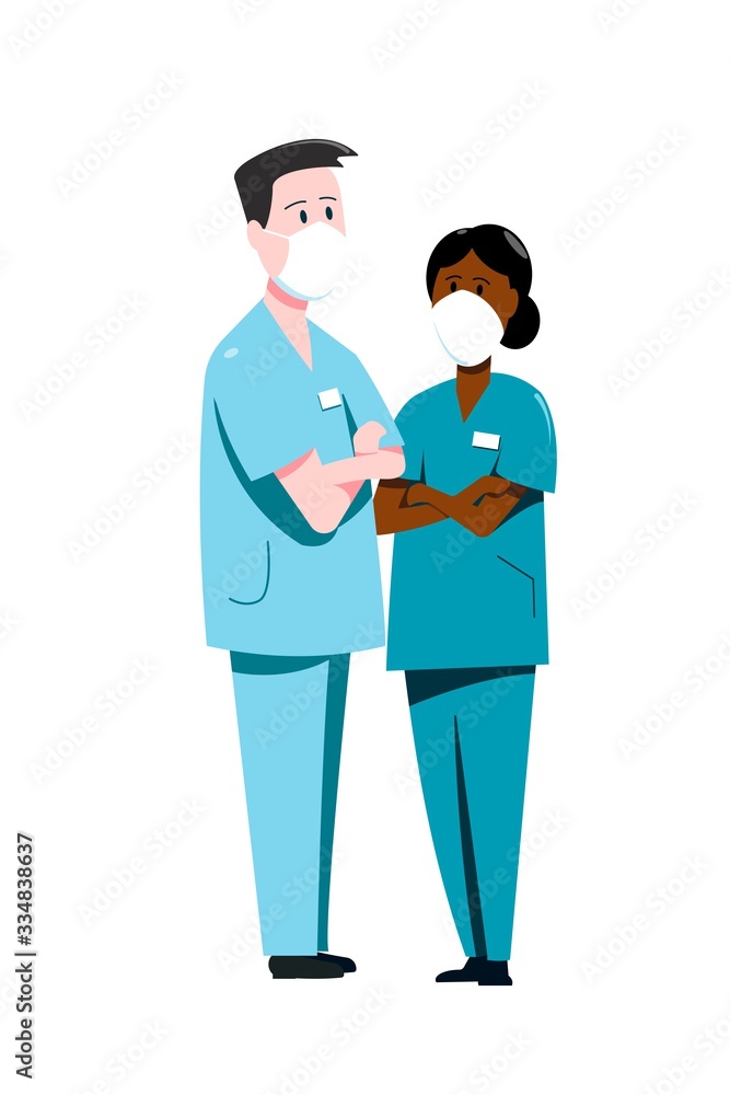 A doctor and a nurse in uniform are standing nearby. Flat vector characters. A doctor and a nurse in uniform are standing nearby. Flat vector characters.