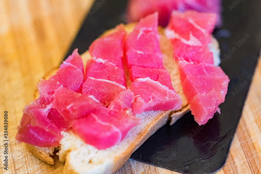 Close up view of slices of fresh tuna fillet