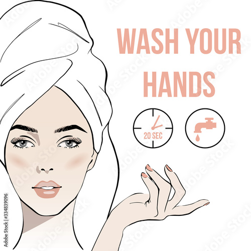 Washing hands to sanitize and disinfect COVID-19 Coronavirus pathogens from your hands concept, woman washing hands with alcohol gel or soap with bubbles and COVID-19 virus pathogen on her hands.