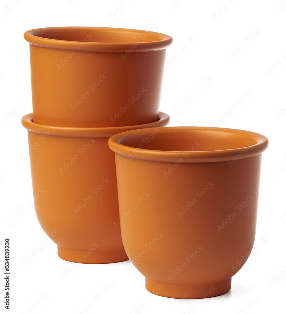 Empty ceramic brown flower pot isolated on white background, close up Empty ceramic brown flower pot isolated on white background, close up