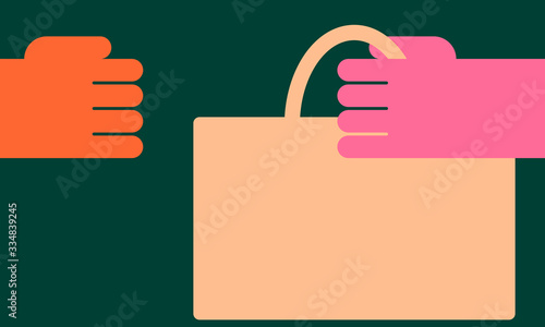 Delivery concept. Hand passes food packet to customer. Vector illustration