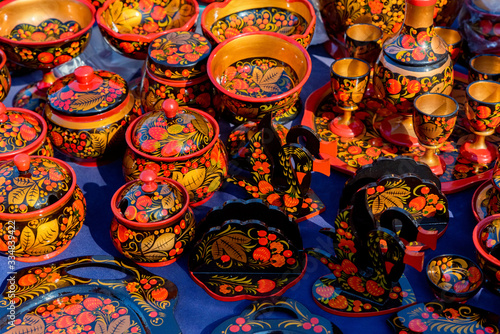 Famous Russian souvenir wooden tableware made in Khokhloma