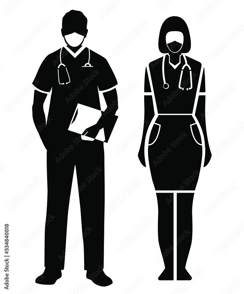 Doctor man and woman in medical masks. Silhouettes of doctors on a white background Doctor man and woman in medical masks. Silhouettes of doctors on a white background
